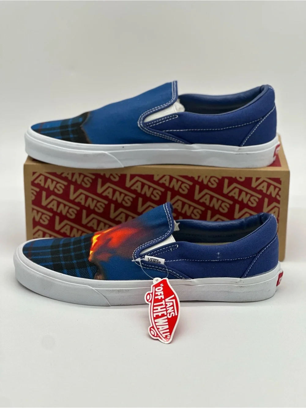 Vans Blue Plaid Slip-On Sneakers with Orange Accent